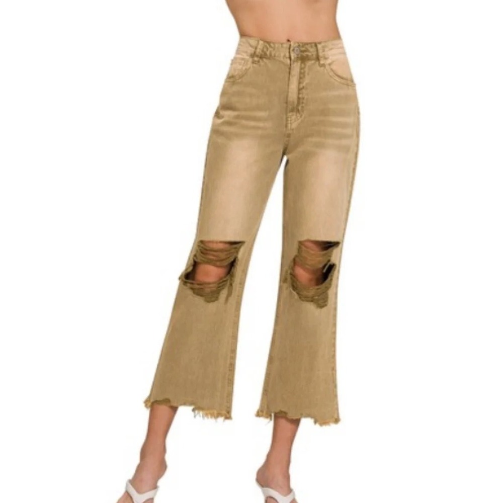 Zenana Women Light Camel Distressed Wide Leg High Rise Jeans Raw Hem Size 30